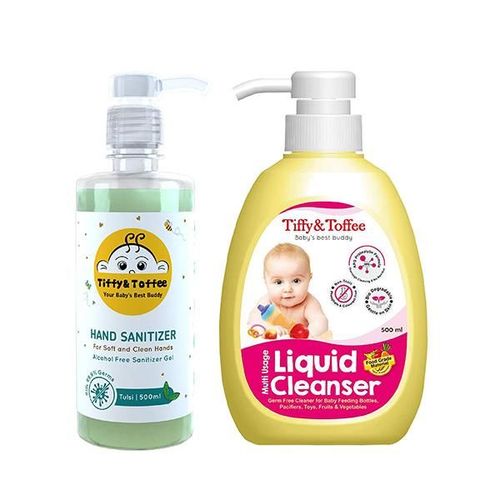 Tiffy & Toffee Multi Usage Baby Liquid Cleanser 500 ml + Non-Alcoholic Hand Sanitizer - Tulsi 500 ml