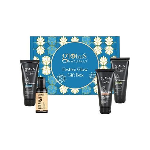 Globus Naturals Glow and Groom Charcoal Box, Box Includes - Charcoal Men Face Wash 100gm, Face Scrub 100gm, Peel Off Mask 100gm, Beard Oil 50ml 1's