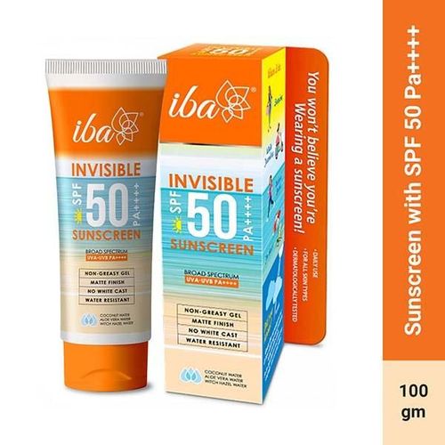 Iba Invisible SPF 50 Sunscreen Pa++++ All Skin Types Oil Free Matte Finish Paraben Free White 100 gm