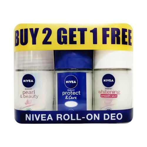 Nivea Roll-On Deodorant Buy 2 Get 1 Free Combo Pack - Pearl Beauty + Protect & Care + Whitening Smooth Skin (Pack of 3 x 25 ml)