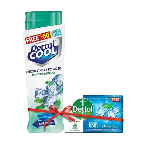 Dermicool Prickly Heat Powder - Menthol Regular 150 gm + Free Dettol Soap - Intense Cool 125 gm