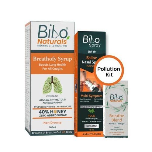 Bibo Pollution Safety Kit (Breathofy Syrup 200 ml + Saline Nasal Syrup - Tulsi 15 ml + Breathe Blend Nasal Decongestant 5 ml) 1's