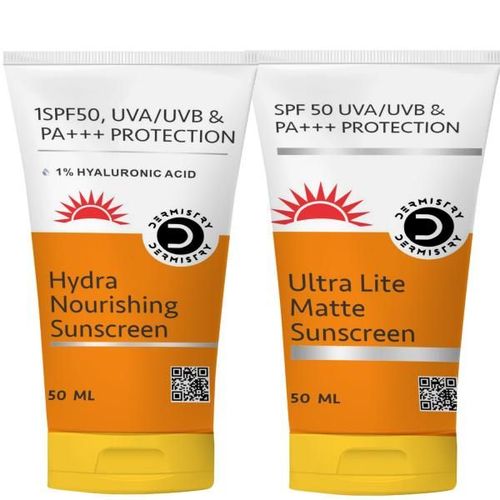 Dermistry 1% Hyaluronic Acid Hydra Nourishing Sunscreen SPF 50 UVA UVB PA+++ Protection 50 ml + Ultra Lite Matte Sunscreen SPF 50 UVA UVB PA+++ Protection 50 ml