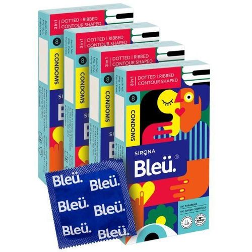 Bleu 3 in 1 High Grade Natural Latex Dotted Ribbed and Contour Shaped Condoms (Pack of 4 X 8's)