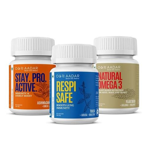Aadar Immunity Booster Combo (Stay Pro Active 500 mg Capsule 60's + Natural Omega 3 500 mg Capsule 60's + Respi Safe 500 mg Capsule 60's)