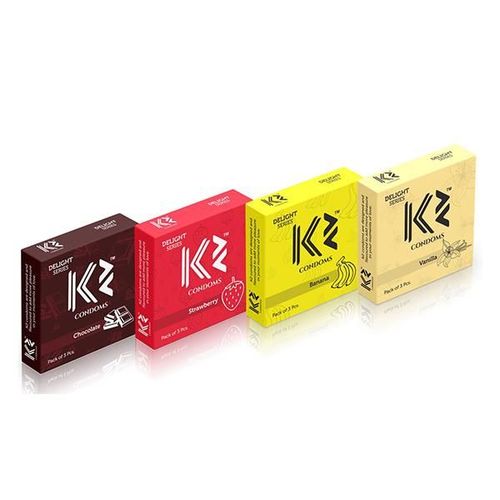 K2 Condoms (Chocolate, Strawberry, Banana, Vanilla - Pack of 4 x 3's Each)