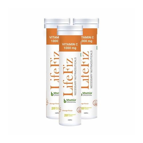 Bhumija Lifesciences LifeFiz Vitamin C 1000 mg Veg Effervescent Tablet - Orange Flavour (Pack of 3 x 20's)