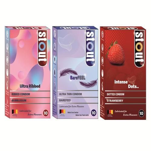 Stout Ultra Ribbed Condoms - Bubblegum 10's + Stout Ultra Thin BareFeel Condoms 10's + Stout Intense Dots Condoms - Strawberry (Combo Pack) 1's