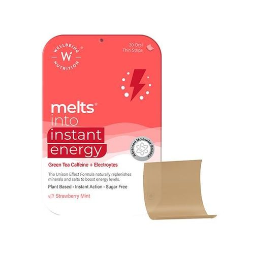 Wellbeing Nutrition Melts Instant Energy, 100% Plant Based Green Tea Caffeine, Essential Electrolytes and Vitamins (30 Strips)