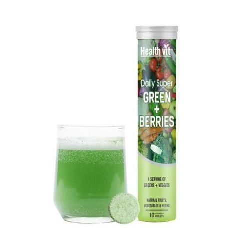 Healthvit Daily Super Green + Berries, Wholefood Multivitamin , Detox and Antioxidants - Effervescent Tablets 10's