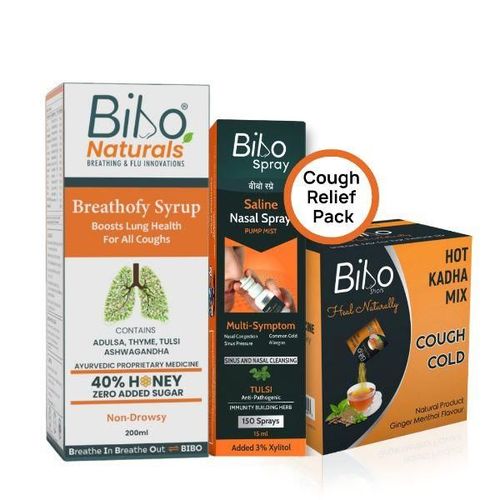 Bibo Cough Relief Pack (Breathofy Syrup 200 ml + Saline Nasal Spray - Tulsi 15 ml + Cough Cold Kadha Mix 8's)