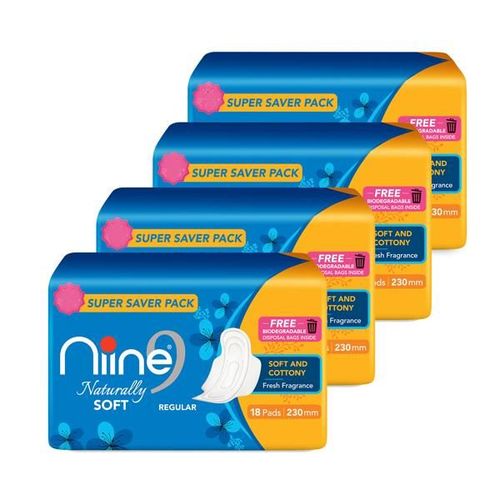 Niine Naturally Soft Sanitary Pads with Biodegradable Disposable Bags - Regular (Pack of 4 x 18's)